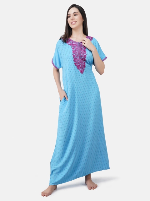 KOI SLEEPWEAR Blue Embroidered Maxi Nightdress