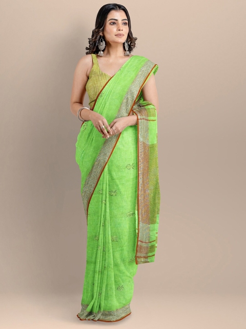 BharatSthali Green & Red Striped Pure Linen Jamdani Handloom Saree