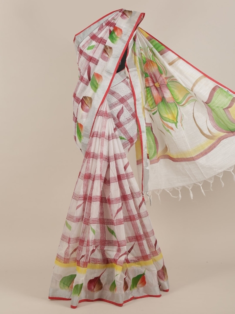 Pothys White & Green Checked Zari Cotton Blend Saree