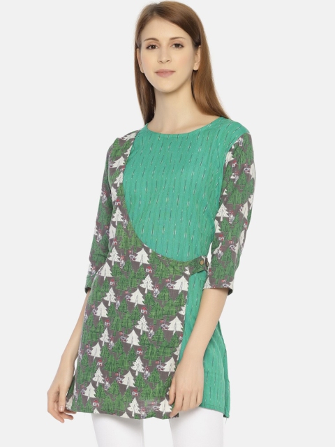 Resha Green & White Botanical Printed Pure Cotton Handloom Kurti