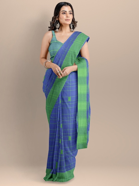 BharatSthali Blue & Green Checked Pure Cotton Jamdani Saree