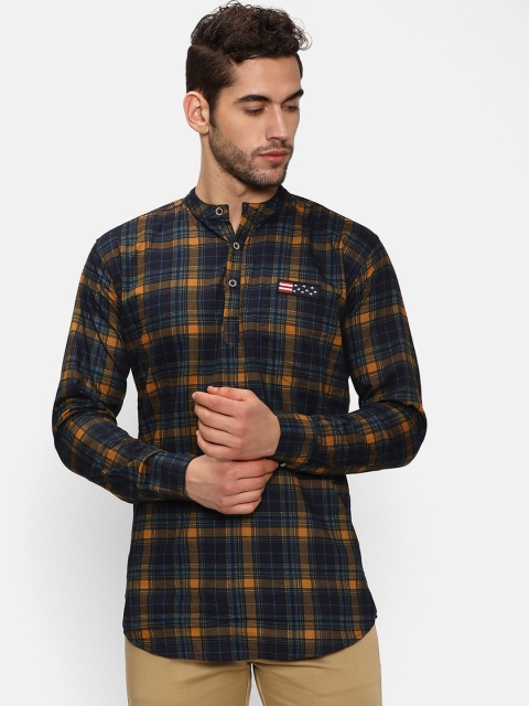V2 Value & Variety Men Mustard Yellow & Navy Blue Checked Kurta