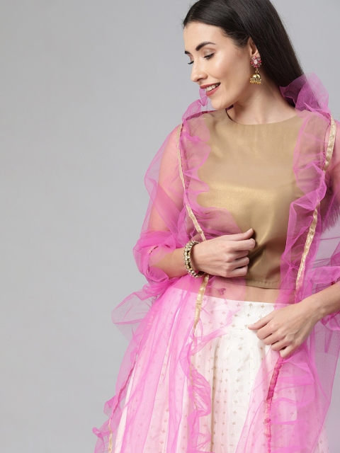 Shakumbhari Pink & Gold-Toned Net Dupatta