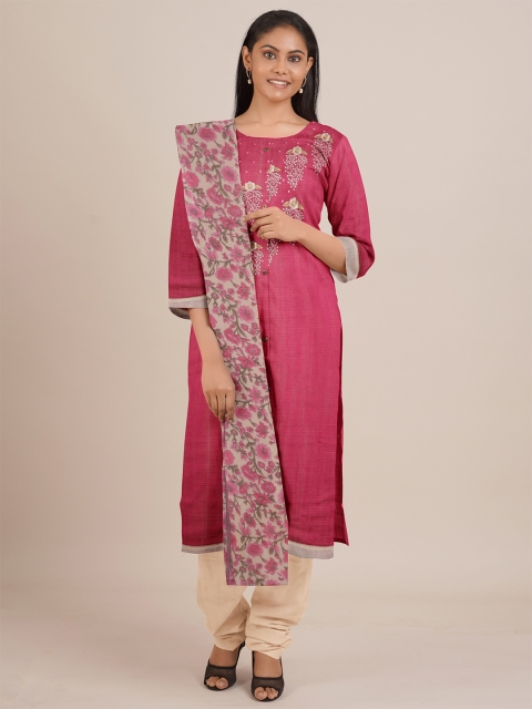 Pothys Pink & Off White Unstitched Dress Material