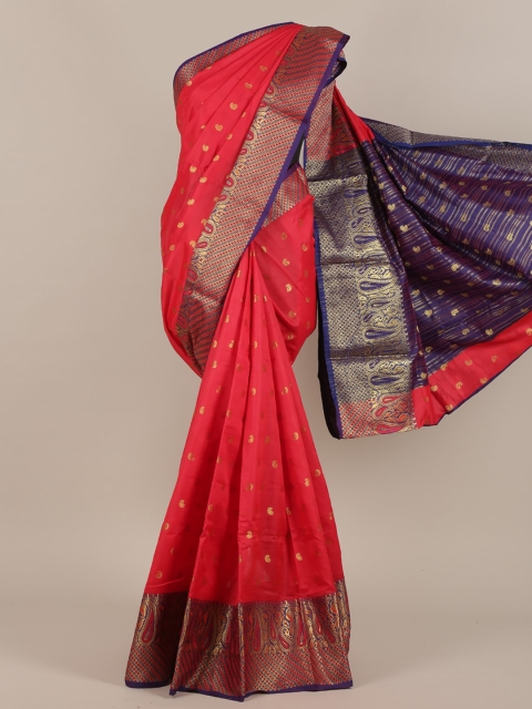 Pothys Red & Blue Paisley Zari Cotton Blend Saree