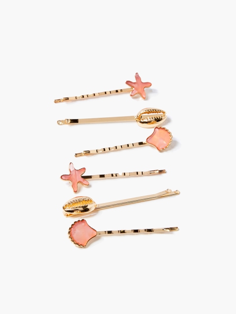 FOREVER 21 Women Gold & Pink Set of 6 Seashell Charm Bobby Pins