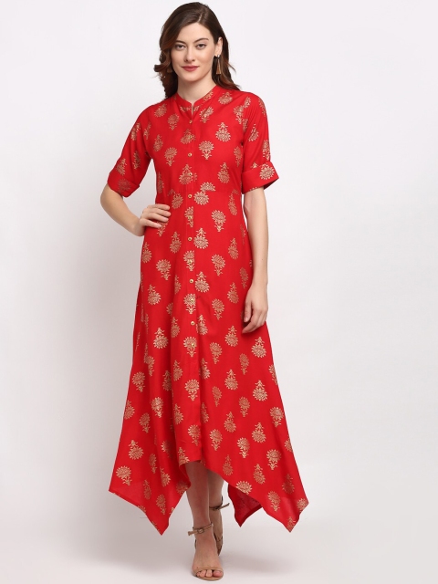Lovely Lady Red Ethnic Motifs Flared Maxi Dress