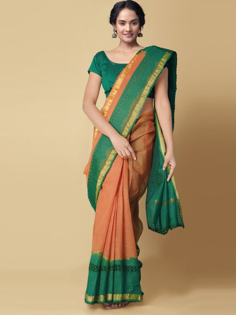 Unnati Silks Orange & Green Colourblocked Pure Cotton Kota Handloom Saree
