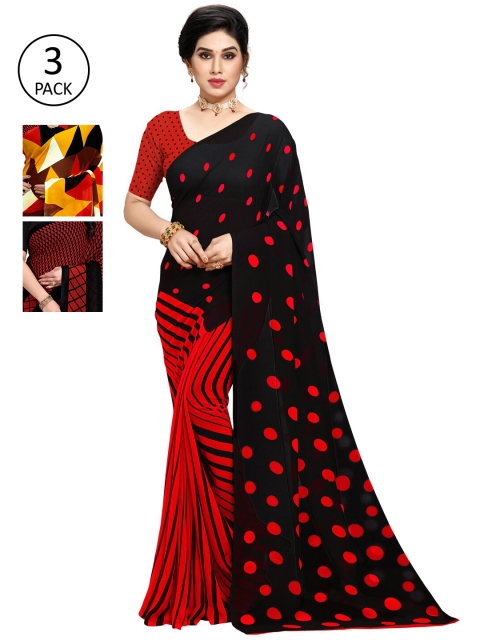 KALINI Pack of 3 Poly Georgette Printed Sarees, Red