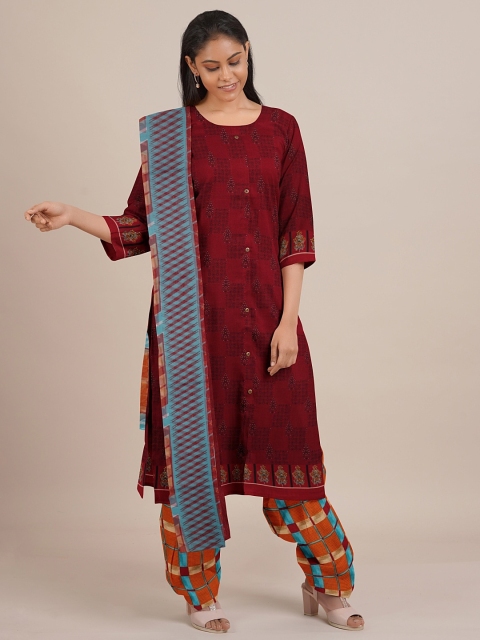 Pothys Maroon & Blue Unstitched Dress Material