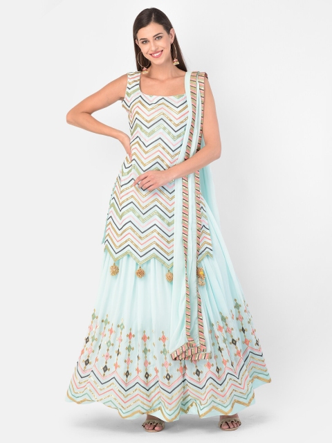 Neerus Blue Embroidered Thread Work Ready to Wear Lehenga & Blouse With Dupatta