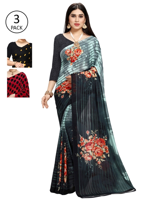 KALINI Multi Pack of 3 Printed Poly Georgette Saree