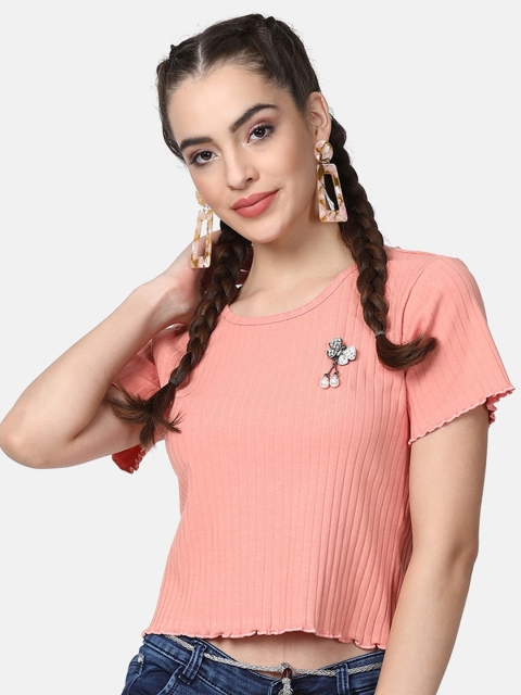 V2 Value & Variety Women Peach-Coloured Pure Cotton Crop Top