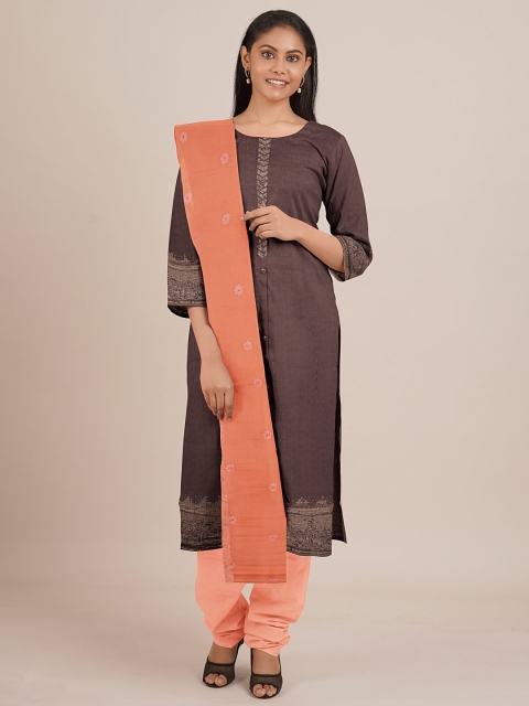 Pothys Brown & Peach-Coloured Unstitched Dress Material with Stone Work