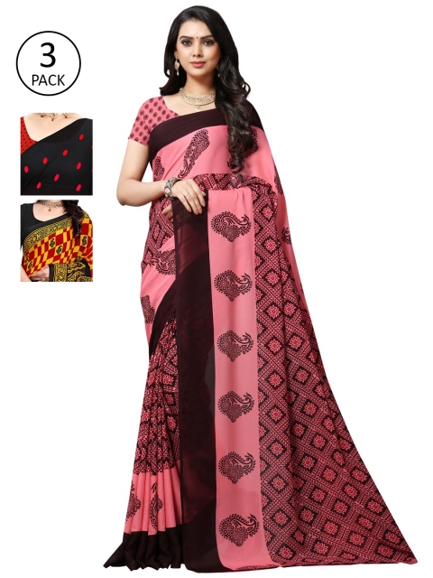 KALINI Pack Of 3 Poly Georgette Sarees, Pink