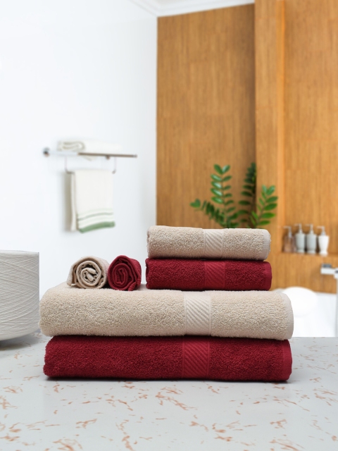 RANGOLI Set Of 6 Maroon & Cream-Coloured Solid Cotton Towels