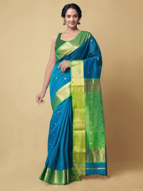 Unnati Silks Blue & Golden Ethnic Motifs Zari Silk Cotton Maheshwari Handloom Saree