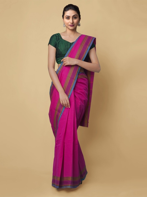 Unnati Silks Pink & Black Striped Pure Cotton Uppada Handloom Saree
