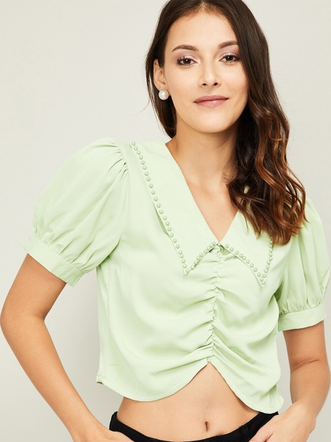 Ginger by Lifestyle Green Puff Sleeve Shirt Style Crop Top