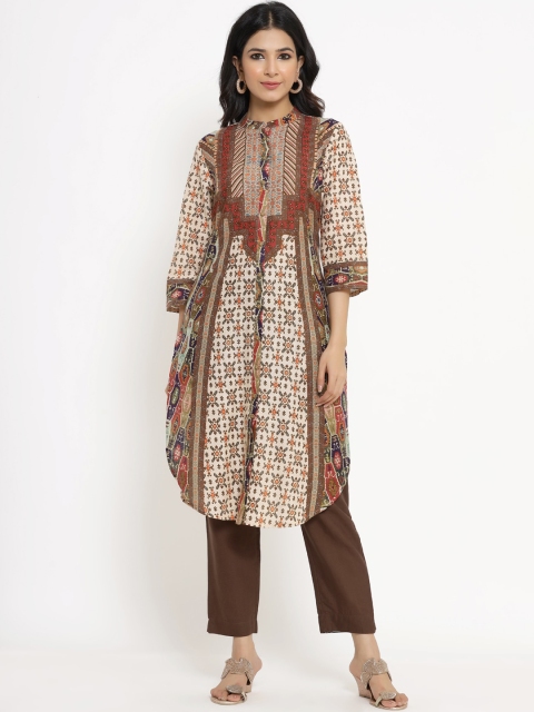 Juniper Women Brown & White Tribal Printed Kurta