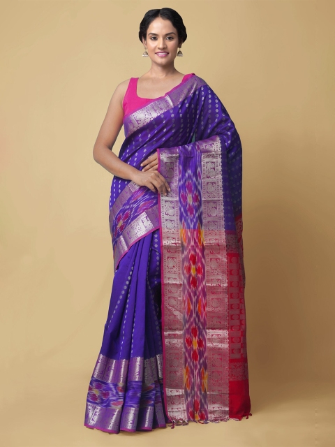 Unnati Silks Purple & Pink Woven Design Zari Silk Cotton Kanjeevaram Saree
