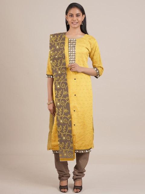 Pothys Yellow & Brown Unstitched Dress Material