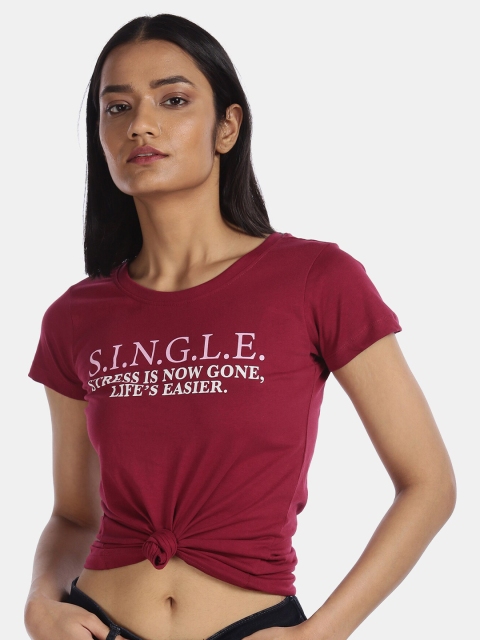 Sugr Women Maroon & White Typography Printed Cotton T-shirt