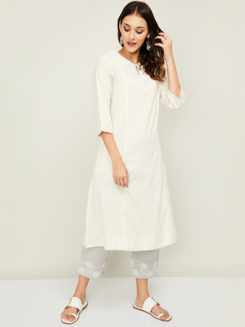 Melange by Lifestyle Women Off White Yoke Design Mirror Work Cotton Kurta
