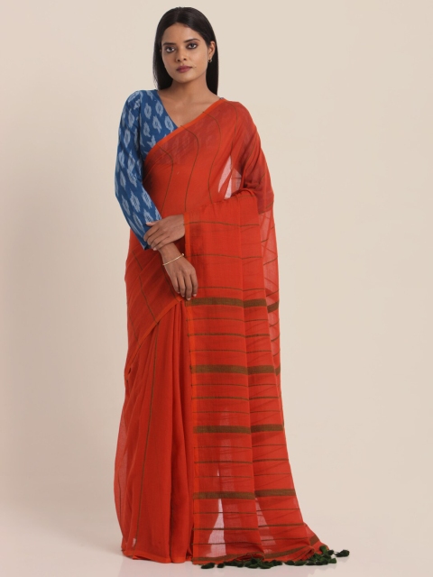 Suta Orange & Green Striped Pure Cotton Saree