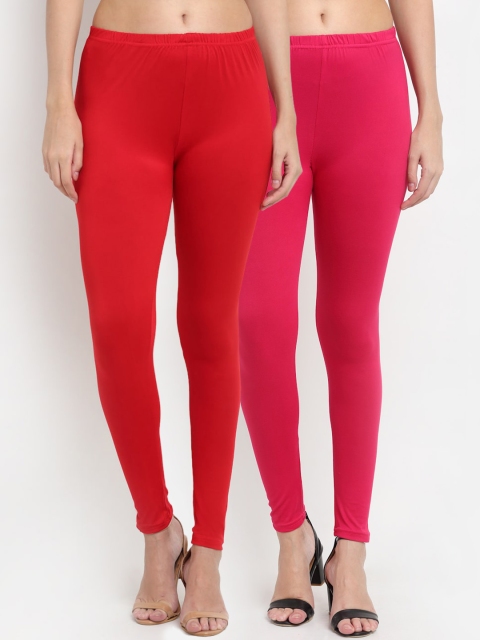 NEUDIS Women Cotton Blend Pack Of 2 Solid Ankle-Length Leggings, Pink