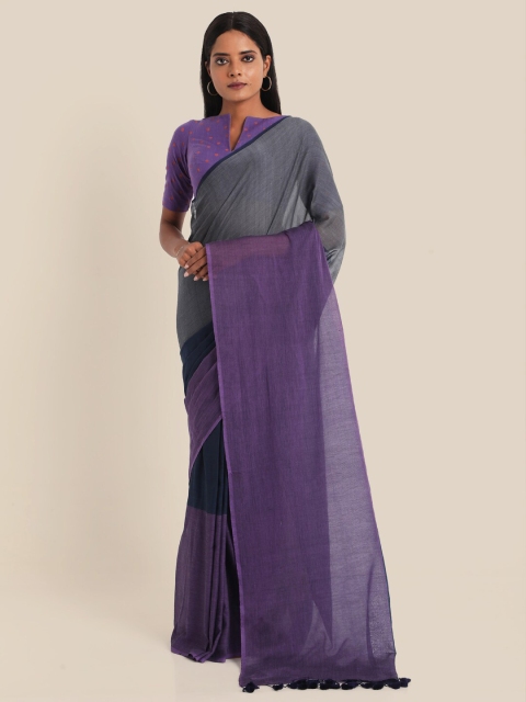 Suta Purple & Grey Colourblocked Pure Cotton Handloom Saree