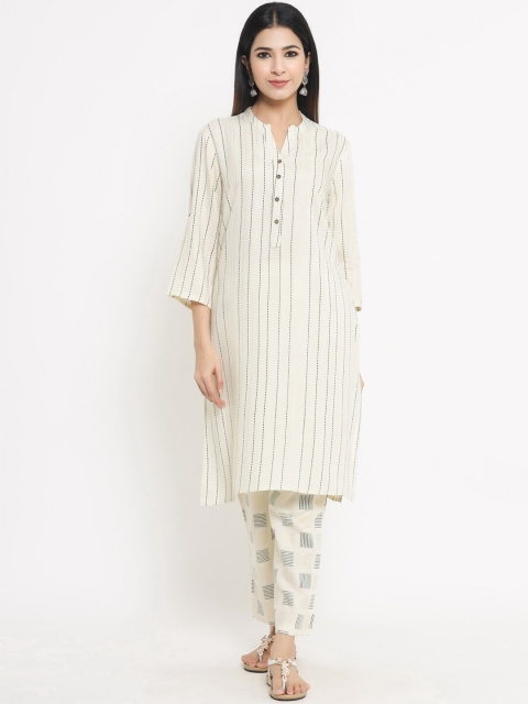 Sangria Women White Striped Kurta with Trousers