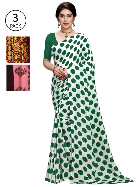 KALINI Pack Of 3 Poly Georgette Sarees, White