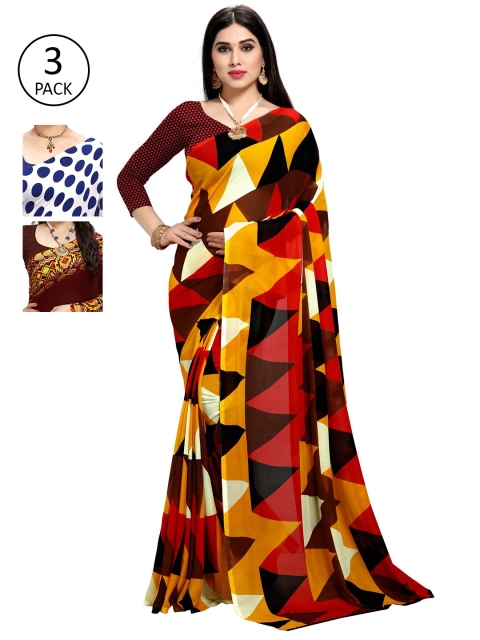 KALINI Pack Of 3 Multicoloured Poly Georgette Sarees, Multi