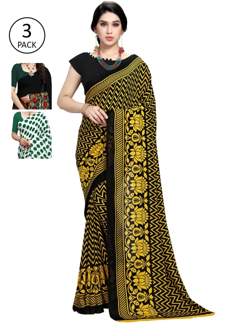 KALINI Women Pack of 3 Printed Poly Georgette Sarees, White