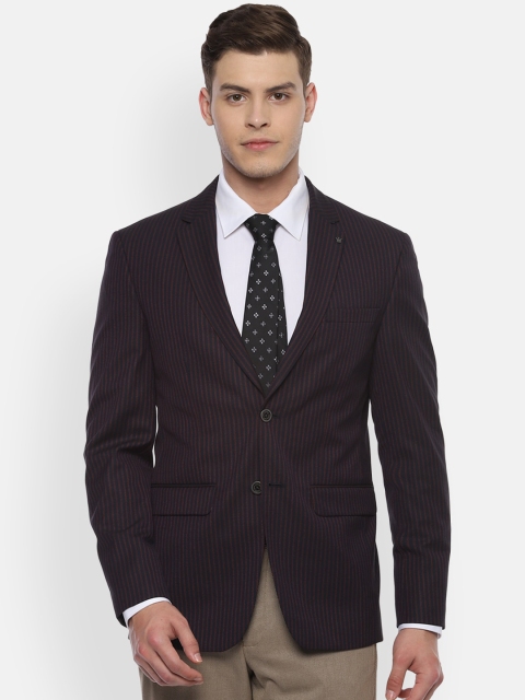 Louis Philippe Sport Men Maroon Striped Slim-Fit Single-Breasted Blazer