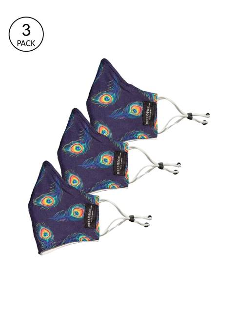 Bellofox Unisex Pack Of 3 Navy Blue & Orange Printed Cotton Outdoor Cloth Face Masks