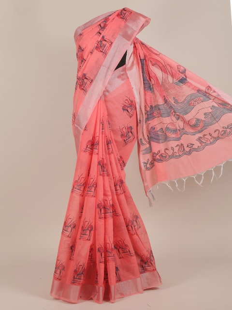 Pothys Pink & Silver-Toned Floral Saree
