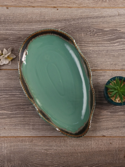 Aapno Rajasthan Sea Green & Brown Handcrafted Ceremic Platter