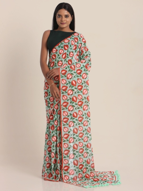 Suta Green & Red Floral Pure Cotton Handblock Print Saree