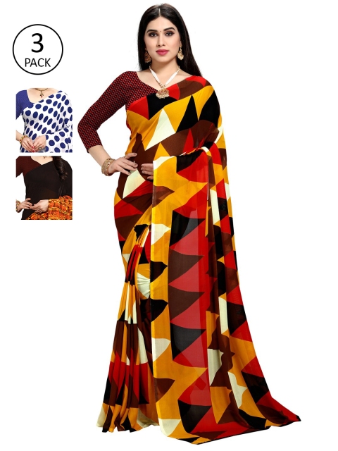 KALINI Women Pack Of 3 Printed Sarees, Yellow