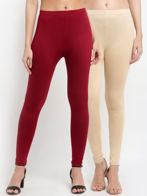 NEUDIS Women Pack Of 2 Solid Ankle-Length Leggings, Beige