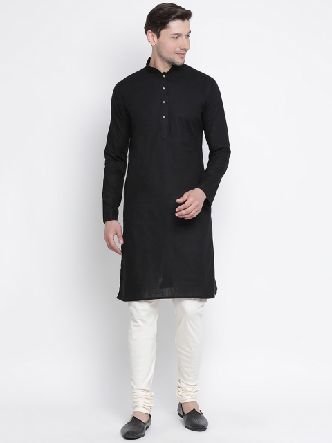 Vastramay Men Black Cotton Linen Blend Kurta Churidar Set