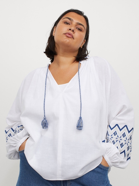 H&M+ Women White Embroidery-Detail Cotton Blouse