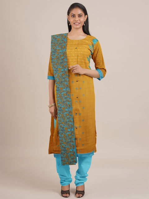 Pothys Mustard & Turquoise Blue Printed Unstitched Dress Material