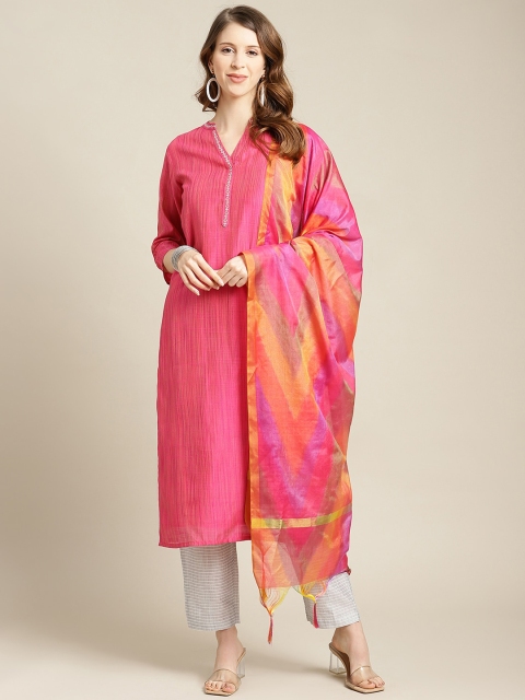 Varanga Women Pink Thread Work Kurta With Trousers & Dupatta