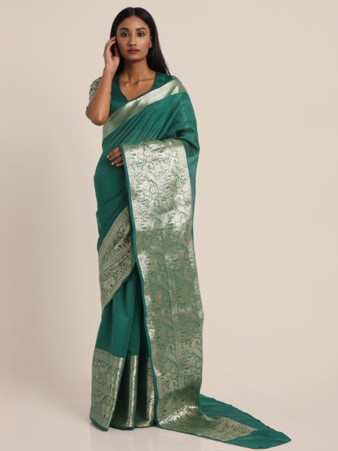Suta Green & Silver-Toned Zari Silk Cotton Banarasi Saree