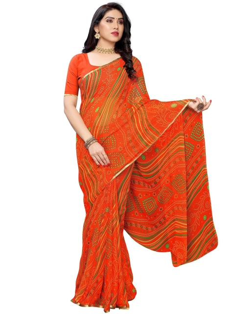 KALINI Orange & Green Zari Pure Chiffon Bandhani Saree