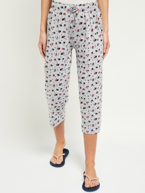 max Women Grey Melange & Black Printed Pure Cotton Lounge Capri