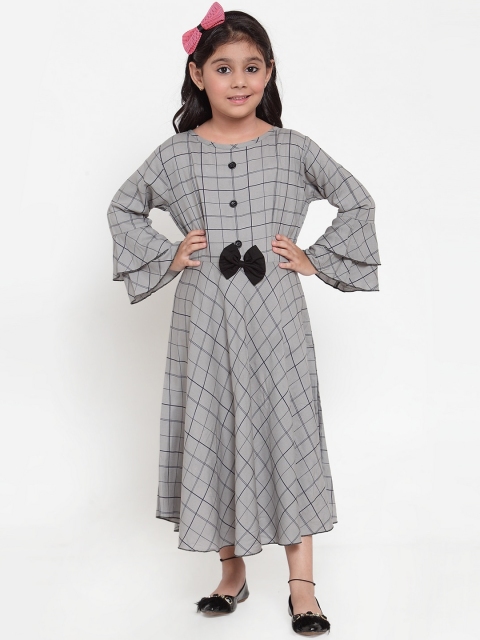 Baani Creations Girls Grey Checked Flared Maxi Dress with Tie up and Bow Detail